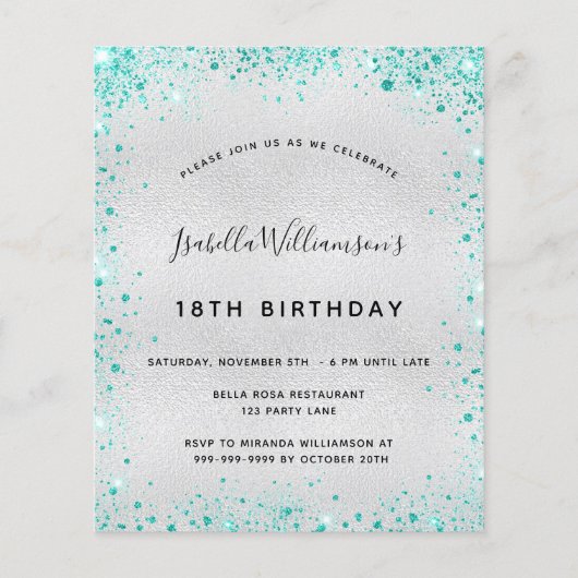 Birthday Silver blauwgroen glitter-budgetuitnodigi Flyer (Voorkant)