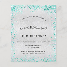 Birthday Silver blauwgroen glitter-budgetuitnodigi Flyer
