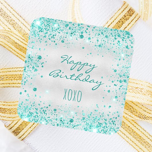 Birthday Silver blauwgroen glitter stofkussen Ronde Sticker