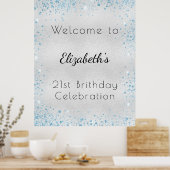 Birthday Silver Blue glitter stofnaam welkom Poster (Keuken)