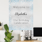 Birthday Silver Blue glitter stofnaam welkom Poster (Thuiskantoor)