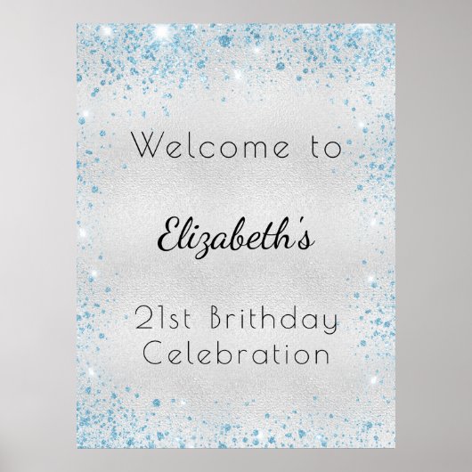 Birthday Silver Blue glitter stofnaam welkom Poster (Voorkant)