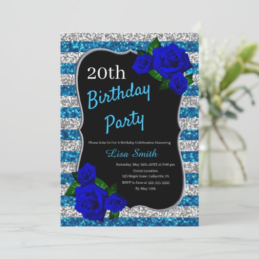 Birthday Silver Blue Stripe Glitter Deep Blue Roos Kaart (Staand voorkant)