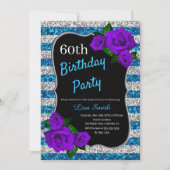 Birthday Silver Blue Stripes Glitter Paarse Rozen Kaart (Voorkant)