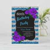 Birthday Silver Blue Stripes Glitter Paarse Rozen Kaart (Staand voorkant)