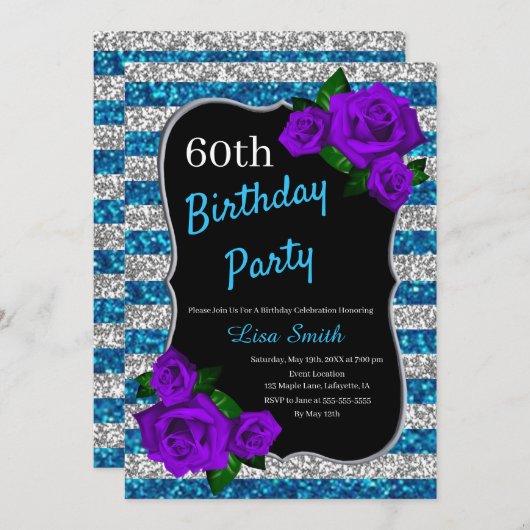 Birthday Silver Blue Stripes Glitter Paarse Rozen Kaart (Voorkant / Achterkant)