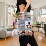 Birthday Silver Collage name Tote Bag<br><div class="desc">Een unieke gave voor de 60ste (of elke leeftijd) verjaardag van een vrouw, die haar leven viert met een collage van 8 van je eigen foto's, afbeeldingen. Geef haar naam, leeftijd 60 jaar en datum een persoonlijk tintje. Een schitterende zilvervormige metalen achtergrond. Grijze en witte letters en cijfers. De naam...</div>