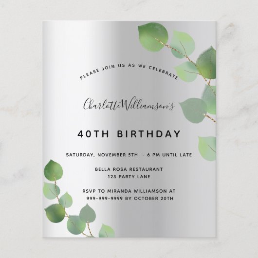 Birthday Silver Eucalyptus-begrotingsuitnodiging Flyer (Voorkant)