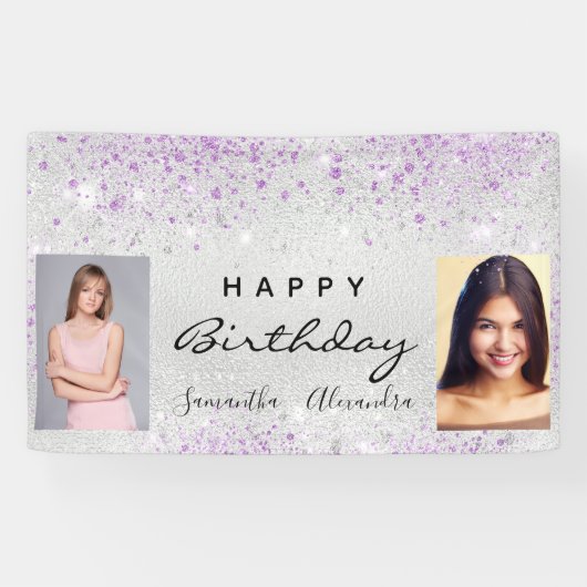 Birthday Silver Foto paarse glitter vrienden tweel Spandoek (Horizontaal)
