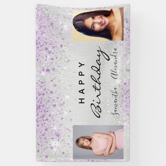 Birthday Silver Foto paarse glitter vrienden tweel Spandoek (Verticaal)