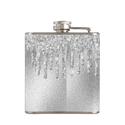 Birthday Silver Glitter druppelt naam op Heupfles (Achterkant)