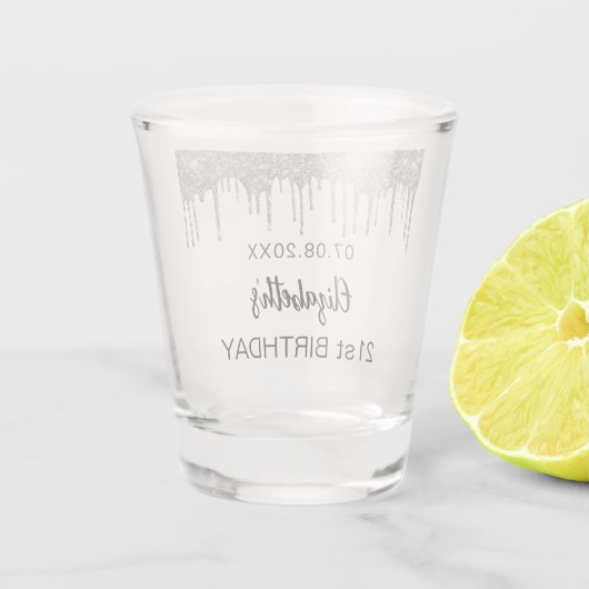 Birthday Silver Glitter druppelt naam op Shot Glas (Achterkant)