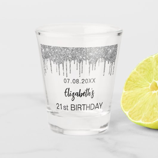 Birthday Silver Glitter druppelt naam op Shot Glas (Voorkant)