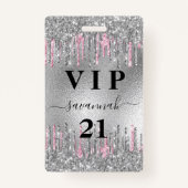 Birthday Silver Glitter druppelt roze vip nodigt u Badge (Voorkant)