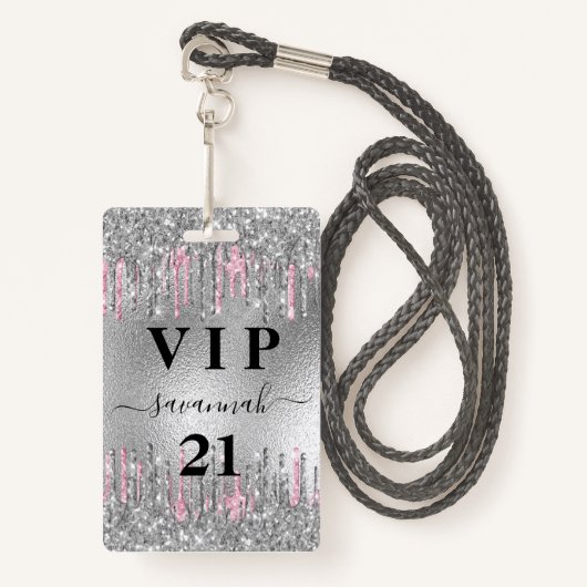 Birthday Silver Glitter druppelt roze vip nodigt u Badge (Voorkant met draagriem)