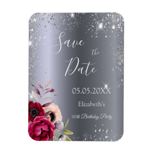 Birthday Silver glitter floral Save the Date Magneet (Verticaal)