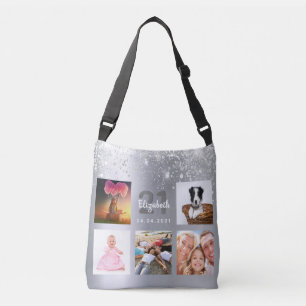 Birthday Silver Glitter Fotocollage monogram Crossbody Tas