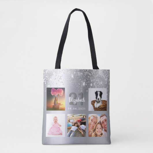 Birthday Silver Glitter Fotocollage monogram Tote Bag (Voorkant)