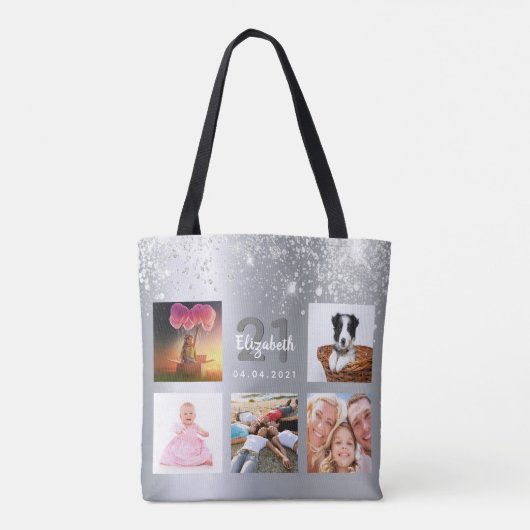 Birthday Silver Glitter Fotocollage monogram Tote Bag (Achterkant)