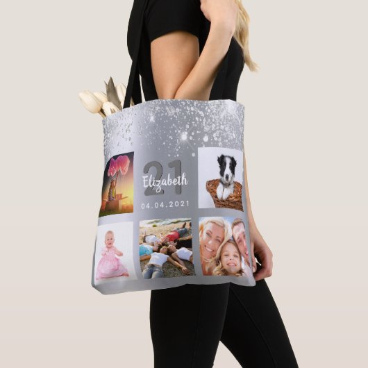 Birthday Silver Glitter Fotocollage monogram Tote Bag (Dichtbij)