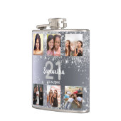 Birthday Silver Glitter Fotocollage naam Heupfles (Links)