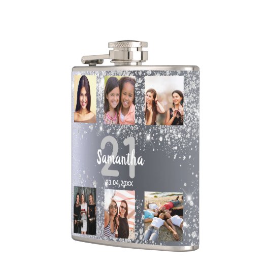 Birthday Silver Glitter Fotocollage naam Heupfles (Links)