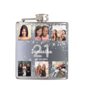 Birthday Silver Glitter Fotocollage naam Heupfles (Voorkant)