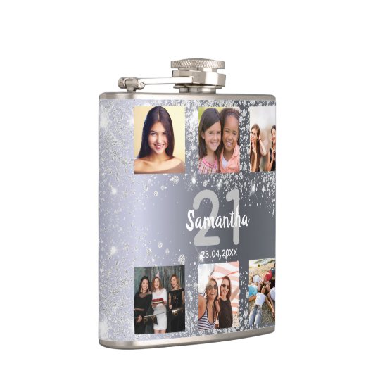 Birthday Silver Glitter Fotocollage naam Heupfles (Rechts)