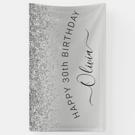 Birthday Silver Glitter Girly Modern Spandoek (Verticaal)