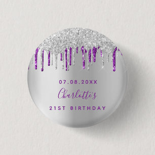 Birthday Silver Glitter paars aangepast monogram Ronde Button 3,2 Cm