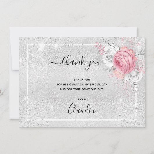 Birthday Silver glitter roze florfoto Bedankkaart (Voorkant)