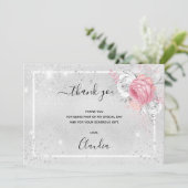 Birthday Silver glitter roze florfoto Bedankkaart (Staand voorkant)