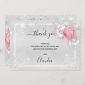Birthday Silver glitter roze florfoto Bedankkaart (Voorkant / Achterkant)