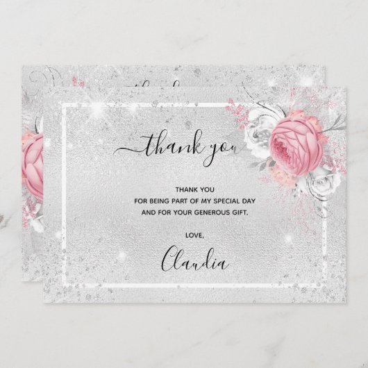 Birthday Silver glitter roze florfoto Bedankkaart (Voorkant / Achterkant)