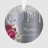 Birthday Silver Glitter sparkles floral burgundy Ornament (voorkant)