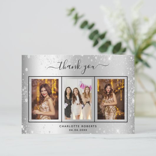 Birthday Silver Glitter sparkles foto glazuur Bedankkaart (Staand voorkant)