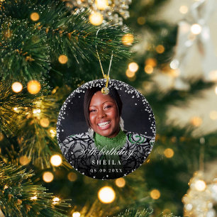 Birthday Silver Glitter sparkles foto name Keramisch Ornament