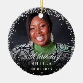 Birthday Silver Glitter sparkles foto name Keramisch Ornament (Voorkant)