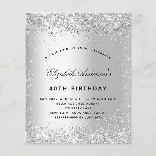 Birthday Silver Glitter speurt budgetuitnodiging Flyer (Voorkant)