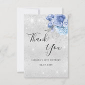 Birthday Silver Glitter Stomblauwe florale Bedankkaart (Voorkant)