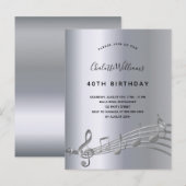 Birthday Silver muzieknoten metal, 50e uitnodiging (Voorkant / Achterkant)