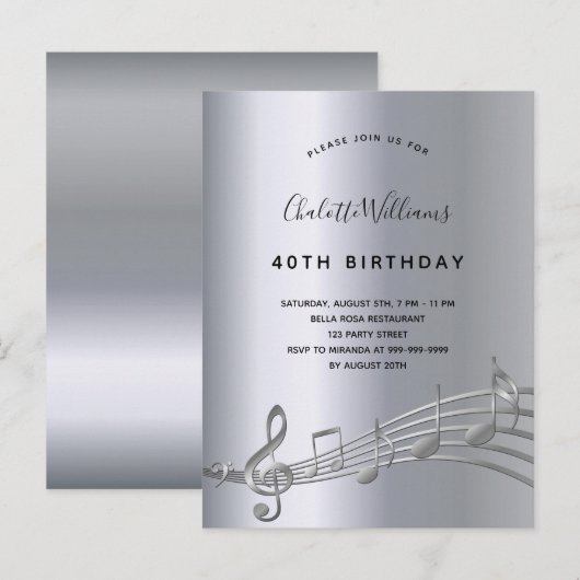 Birthday Silver muzieknoten metal, 50e uitnodiging (Voorkant / Achterkant)