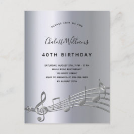 Birthday Silver muzieknoten metal, 50e uitnodiging Briefkaart