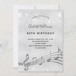 Birthday Silver muzieknoten metal glitter 40th Kaart