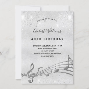 Birthday Silver muzieknoten metal glitter 40th Kaart