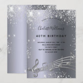 Birthday Silver muzieknoten metal glitter 40th Kaart (Voorkant / Achterkant)