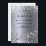 Birthday Silver muzieknoten metal glitter 40th Kaart<br><div class="desc">Een trendy,  moderne 40e verjaardagsfeestkaart. Een donkerrode zilverachtige achtergrond,  met muzieknoten,  zwarte gekleurde letters. Gedemoreerd met faux glitter stof. Pas een naam en partijinformatie aan en voeg deze toe.</div>