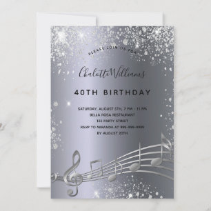 Birthday Silver muzieknoten metal glitter 40th Kaart