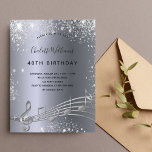 Birthday Silver muzieknoten metal glitter 40th Uitnodiging Briefkaart<br><div class="desc">Een trendy, moderne 40e verjaardagsfeestuitnodigingskaart. Een donkere faux zilver metallic uitziende achtergrond, met muzieknoten, zwarte letters. Versierd met faux glitter stof. Personaliseer en voeg een naam en partijinformatie toe. Terug: briefkaart ontwerp. Tip: Als je niet wilt dat het eruitziet als een briefkaart, klik dan op aanpassen, ga naar de achterkant...</div>
