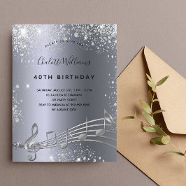 Birthday Silver muzieknoten metal glitter 40th Uitnodiging Briefkaart